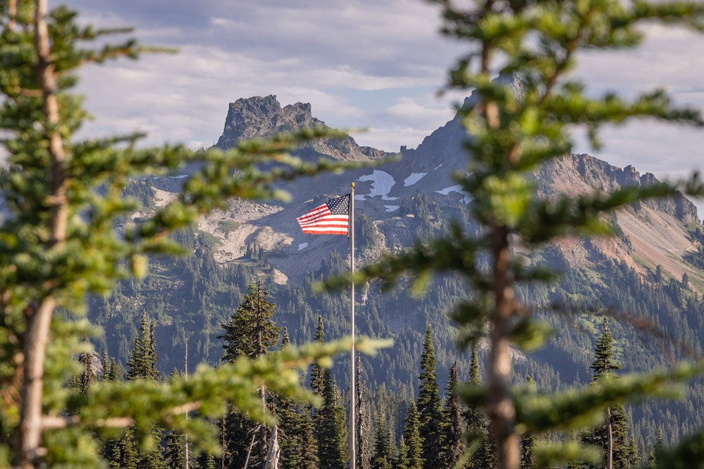 US Flag flying in front of the Tatoosh Range at Mount Rainier National Park.