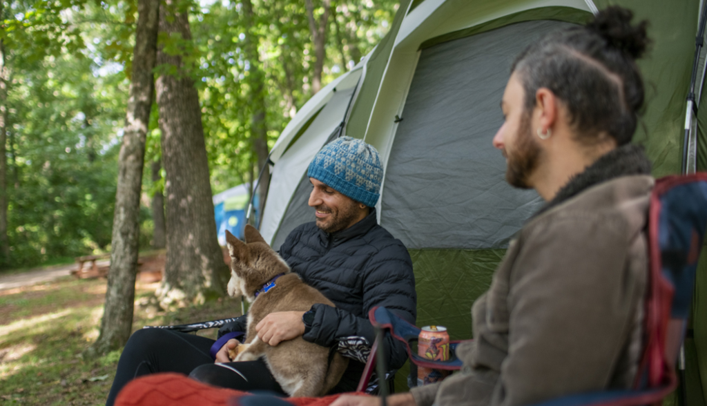 Close up of two men and a dog camping with a green tent in the forest